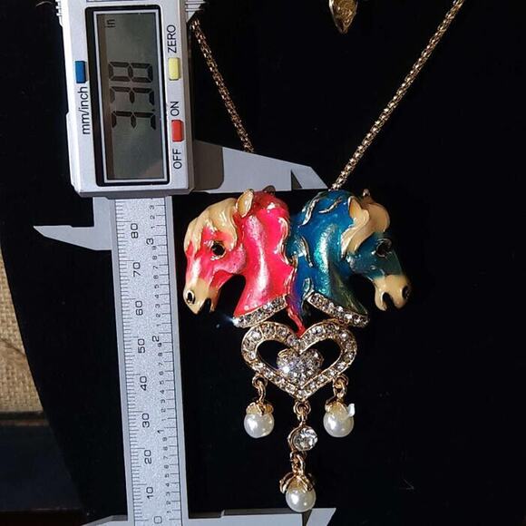 Twin Horse Gemini Betsey Johnson Enamel and Rhinestone Necklace - Picture 6 of 8
